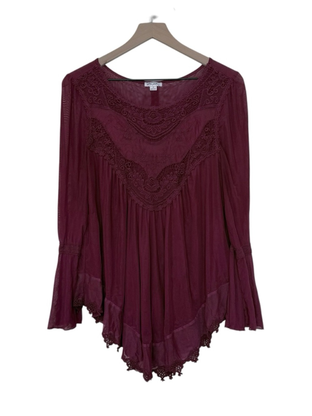 Ultra Pink Medium Burgundy Blouse Witchy Whimsigoth Lace Trim Long Flared Sleeve